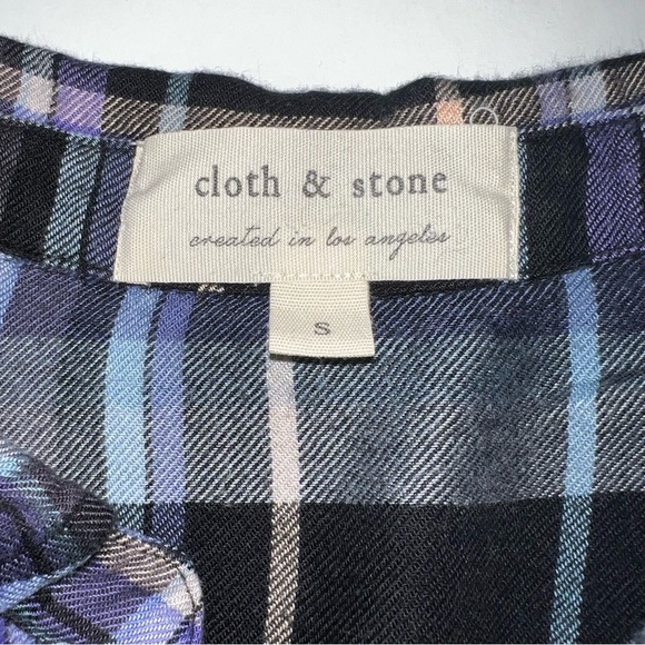 Anthropologie Cloth & Stone Plaid Fringe Hem Button Down Shirt Navy Purple Sz S - Picture 3 of 12